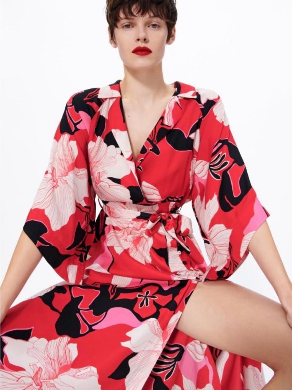 Zara Red Floral Kimono Sleeve Belted Midi Dress Size Small